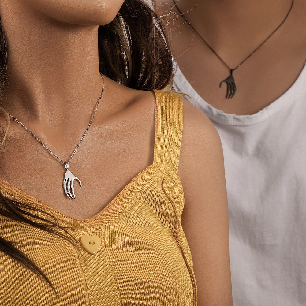 Wholesale Stainless Steel Black and White with Couple Skeleton Hand Heart Necklace