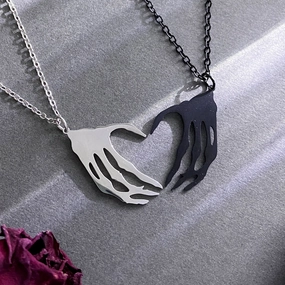 Wholesale Stainless Steel Black and White with Couple Skeleton Hand Heart Necklace