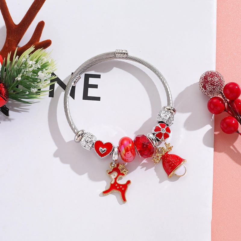 Wholesale Stainless Steel Christmas Tree Elk Snowflake Alloy Charm Beaded Bracelet