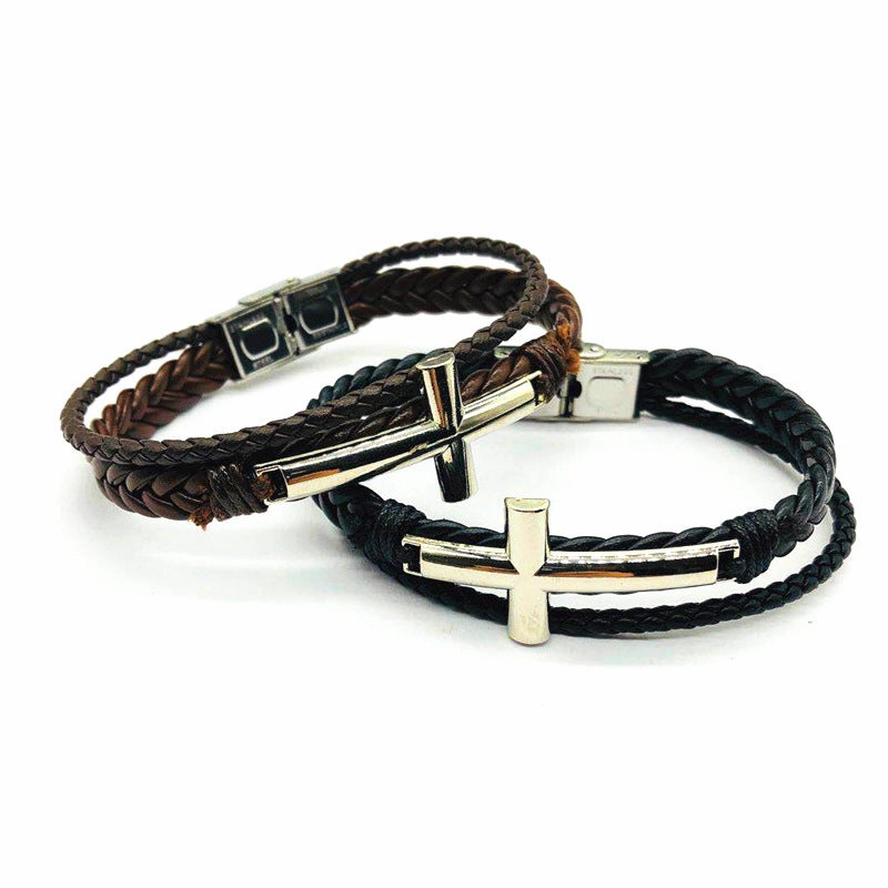 Wholesale Stainless Steel Cross Genuine Leather Bracelets