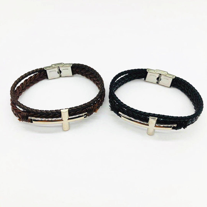 Wholesale Stainless Steel Cross Genuine Leather Bracelets