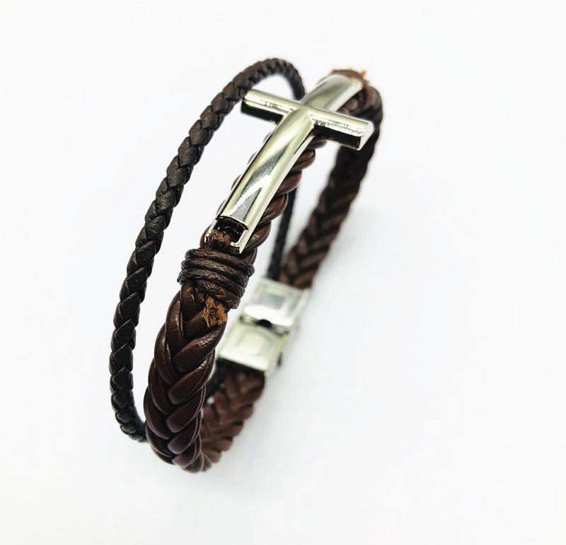 Wholesale Stainless Steel Cross Genuine Leather Bracelets