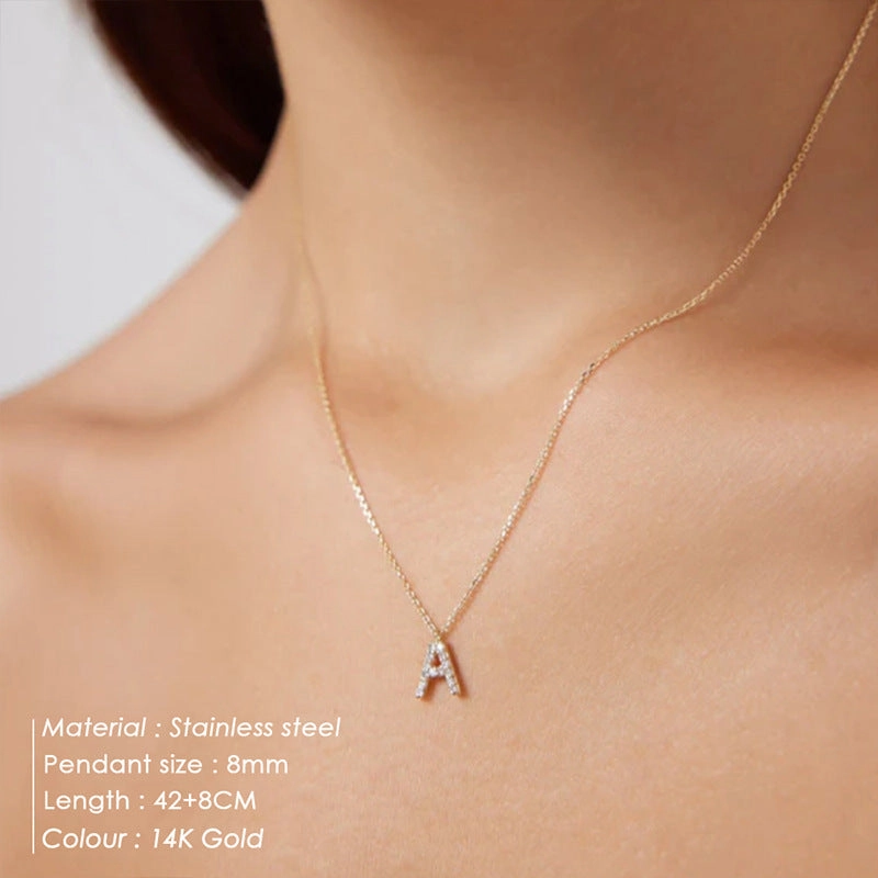 Wholesale Stainless Steel Diamond Alphabet Pendant 14K Gold Plated Necklaces