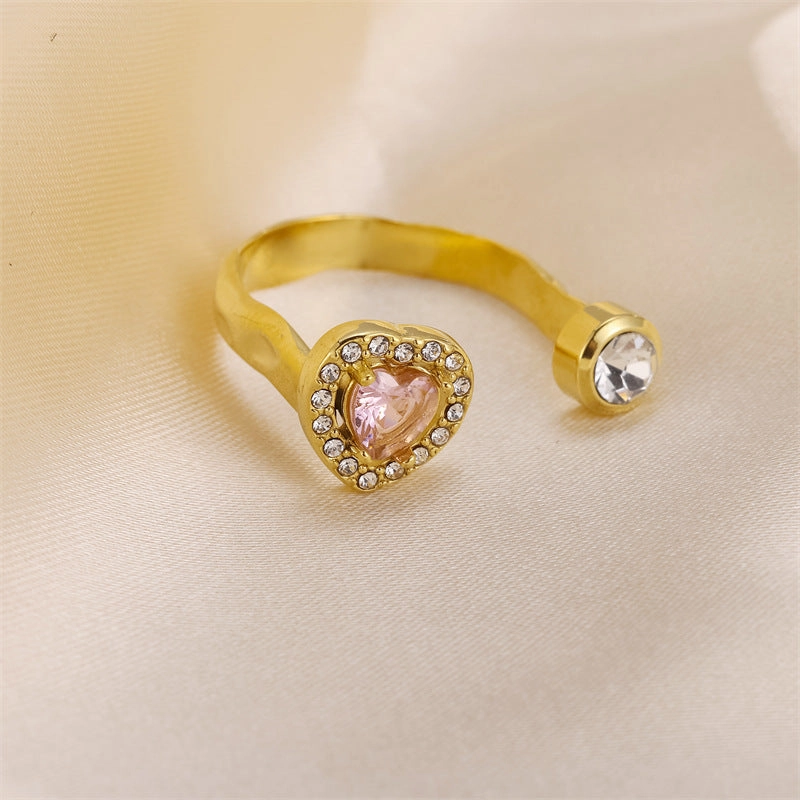 Wholesale Stainless Steel Diamond Inlaid Heart Adjustable Zircon Ring