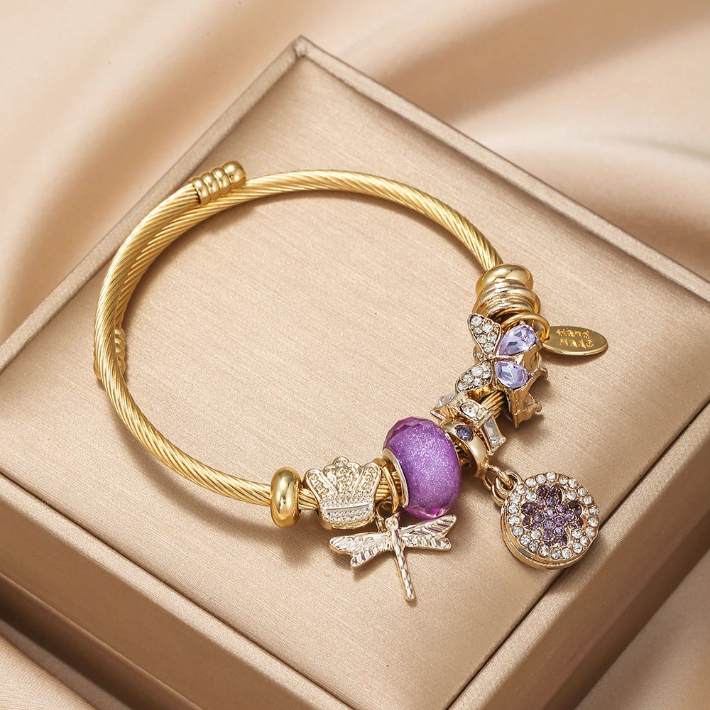 Wholesale Stainless Steel DIY Four Leaf Clover Butterfly Gold Bracelet