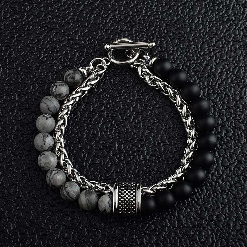 Wholesale Stainless Steel Double Layer Frosted Stone Men's Bracelet