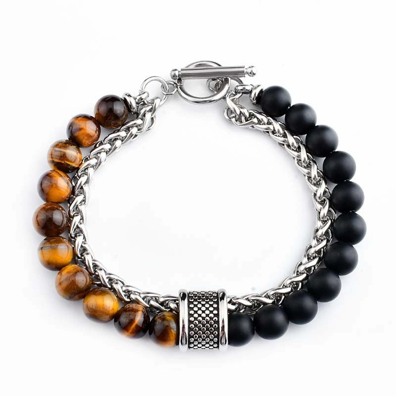 Wholesale Stainless Steel Double Layer Frosted Stone Men's Bracelet