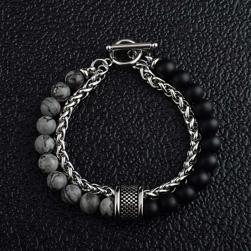 Wholesale Stainless Steel Double Layer Frosted Stone Men's Bracelet