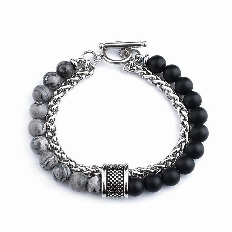 Wholesale Stainless Steel Double Layer Frosted Stone Men's Bracelet