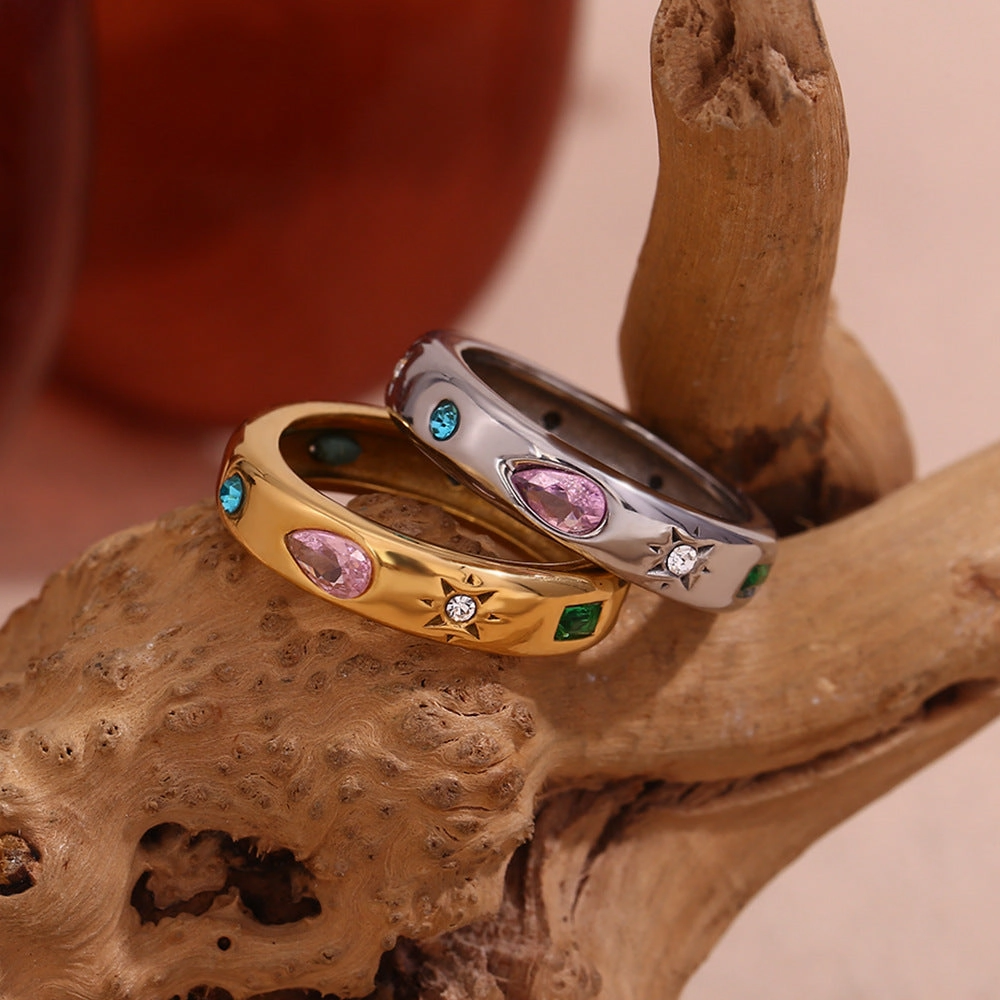 Wholesale Stainless Steel Droplet Geometric Colored Zircon Rings