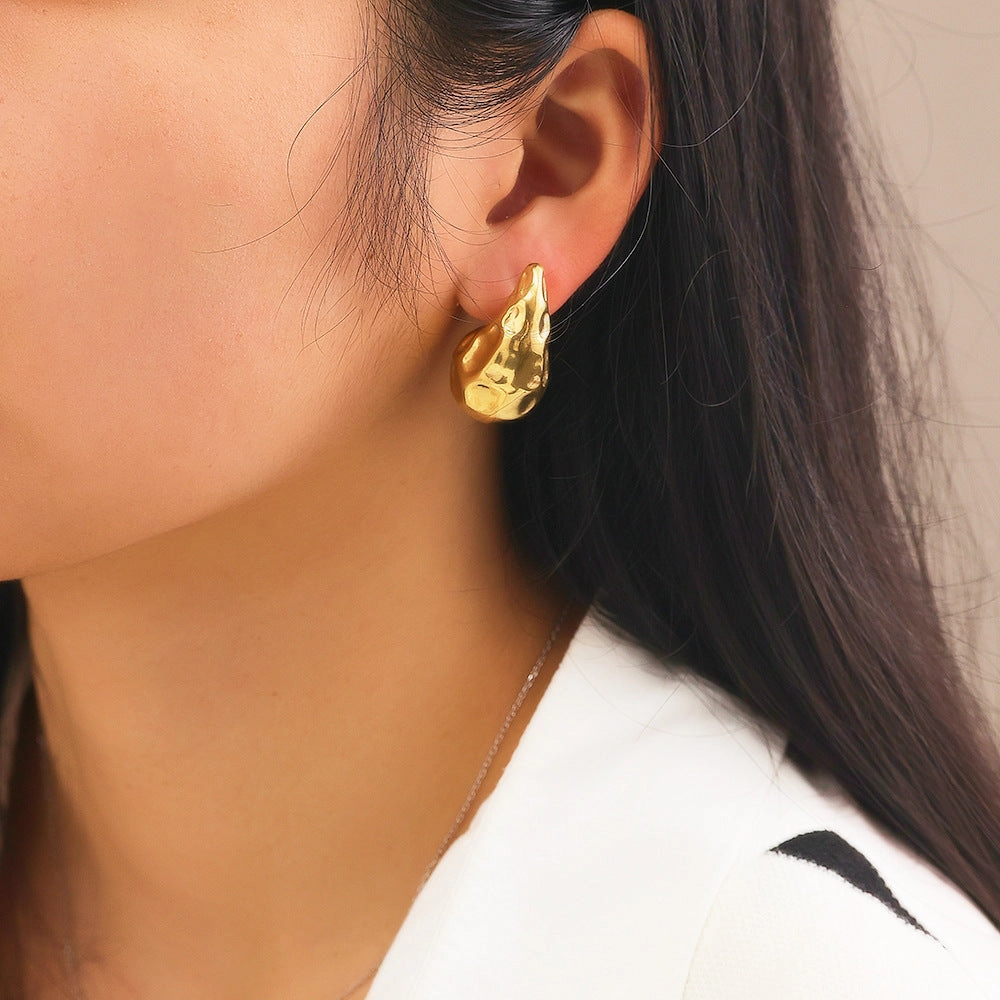 Wholesale Stainless Steel Electroplated Stripes Gold Glossy Water Drop Earrings