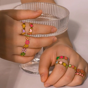 Wholesale Stainless Steel Enamel Oil Drip Colorful Flower Love Adjustable Titanium Steel Bohemian Style Open Rings