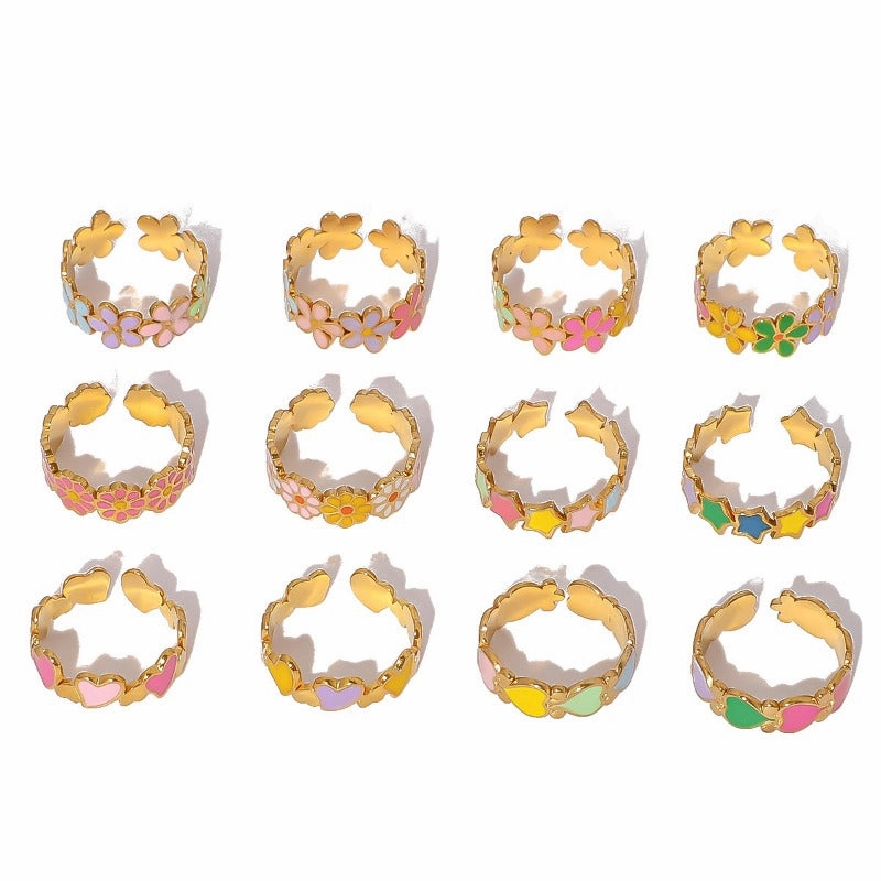 Wholesale Stainless Steel Enamel Oil Drip Colorful Flower Love Adjustable Titanium Steel Bohemian Style Open Rings