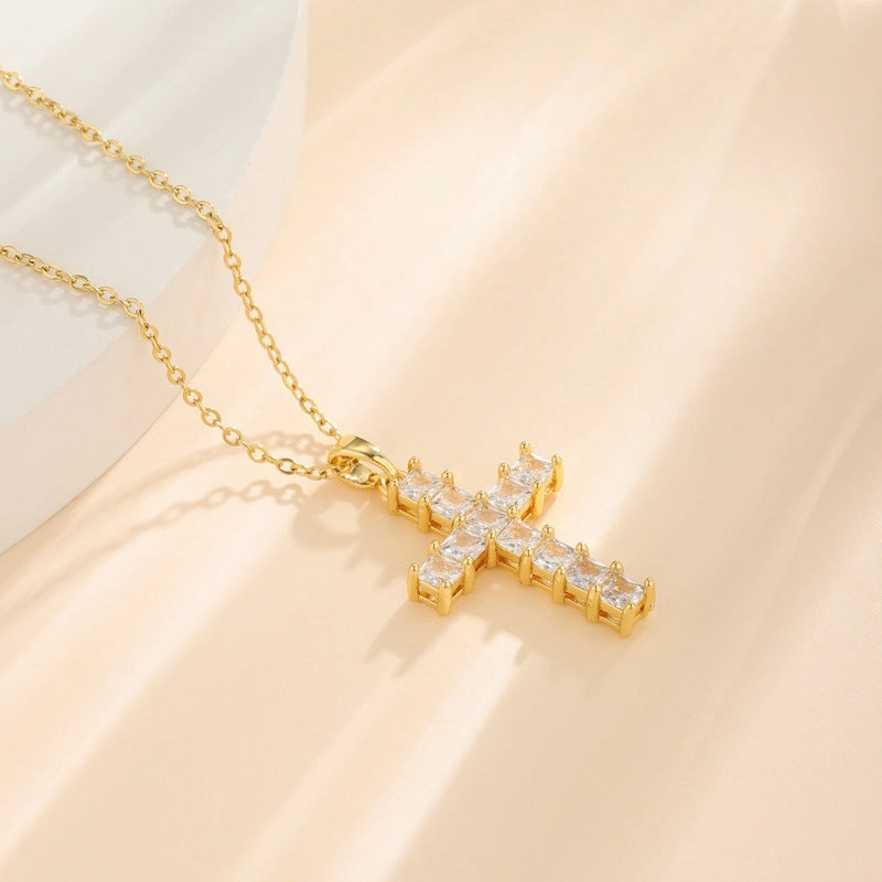 Wholesale Stainless Steel Full Diamond Square Zircon Cross Pendant Necklace