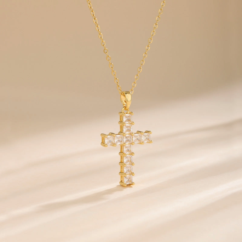 Wholesale Stainless Steel Full Diamond Square Zircon Cross Pendant Necklace