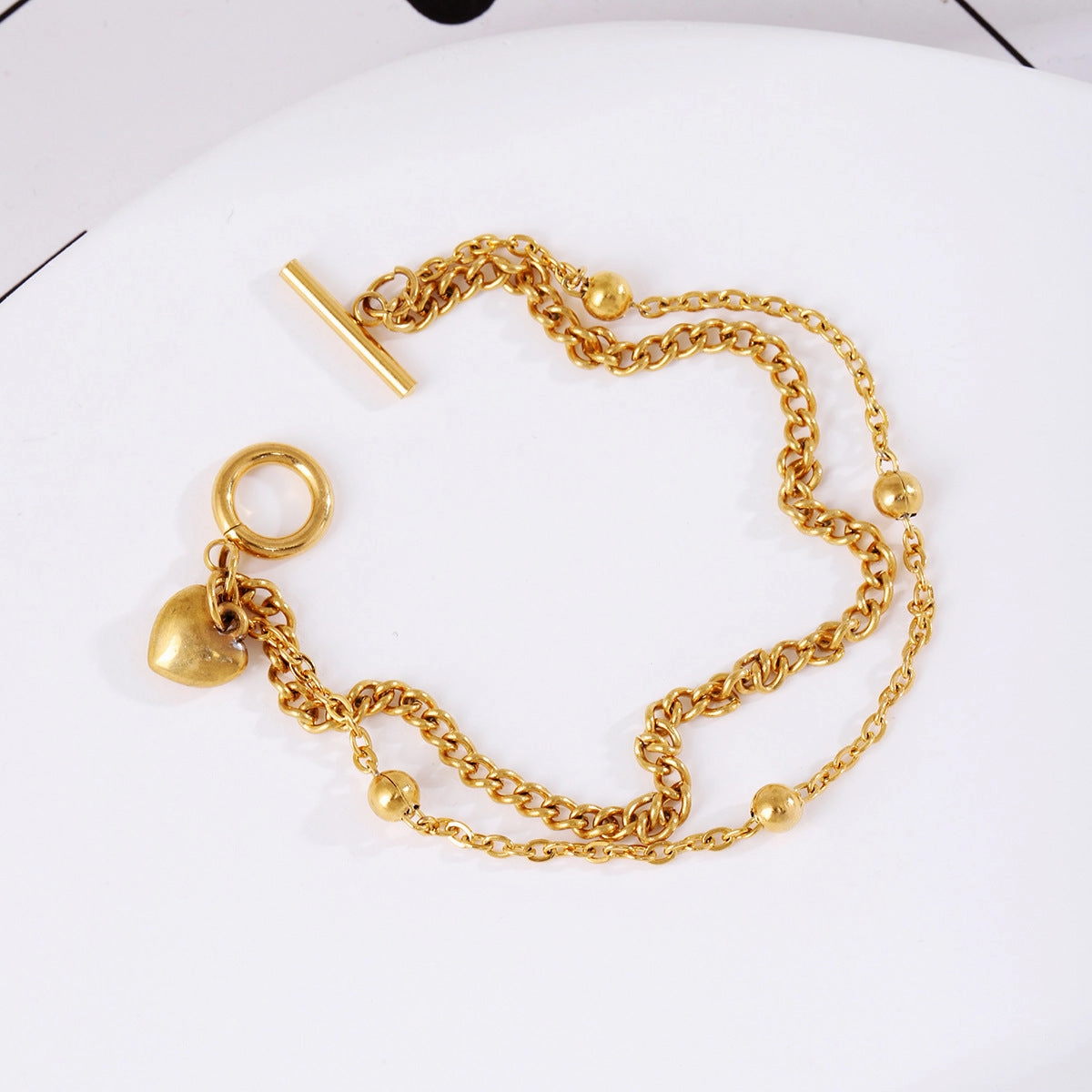 Wholesale Stainless Steel Gold Bead OT Buckle Love Double Layer Bracelet