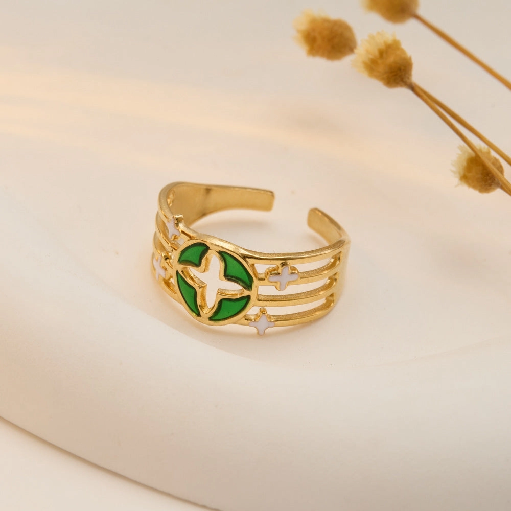 Wholesale Stainless Steel Gold Opening Four-leaf Clover Hollow Ring
