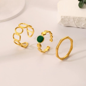 Wholesale Stainless Steel Gold Opening O-shaped Circular Vintage Oil Dropping Green Three Piece Ring Set