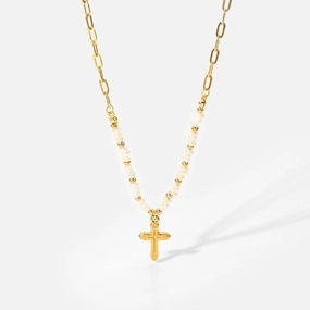 Wholesale Stainless Steel Gold Plated Cross Pendant Rice Bead Stitching Necklace