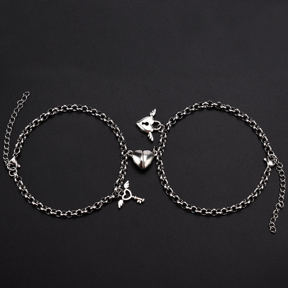 Wholesale Stainless Steel Heart Shape Magnetic Lock Key Bracelet Set
