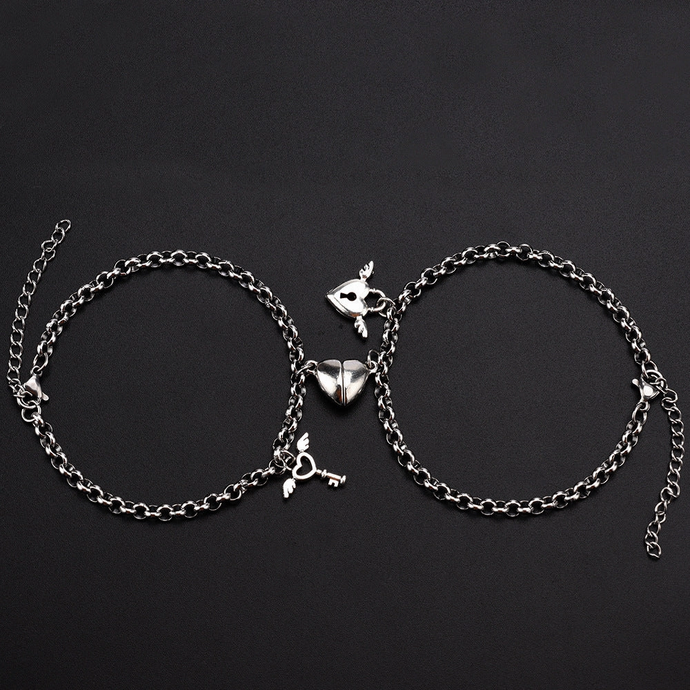 Wholesale Stainless Steel Heart Shape Magnetic Lock Key Bracelet Set