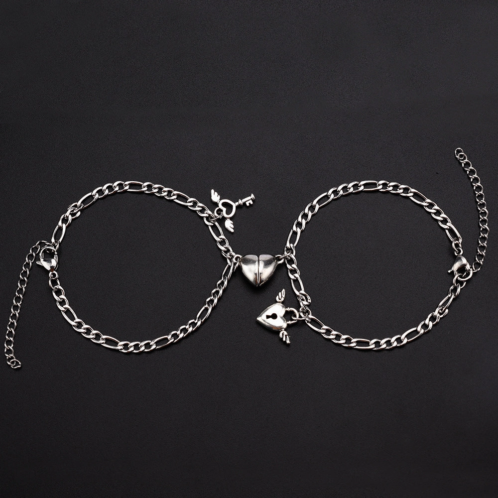 Wholesale Stainless Steel Heart Shape Magnetic Lock Key Bracelet Set