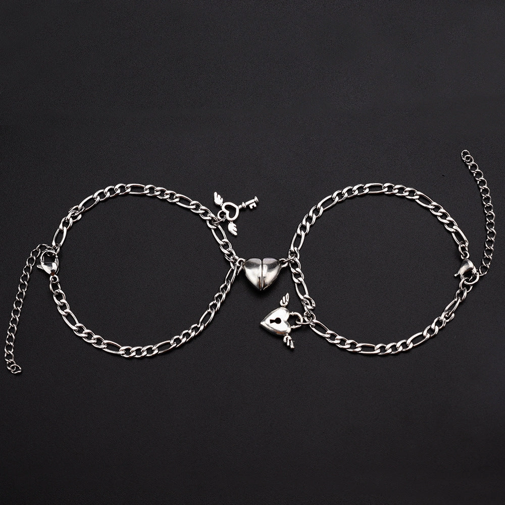 Wholesale Stainless Steel Heart Shape Magnetic Lock Key Bracelet Set