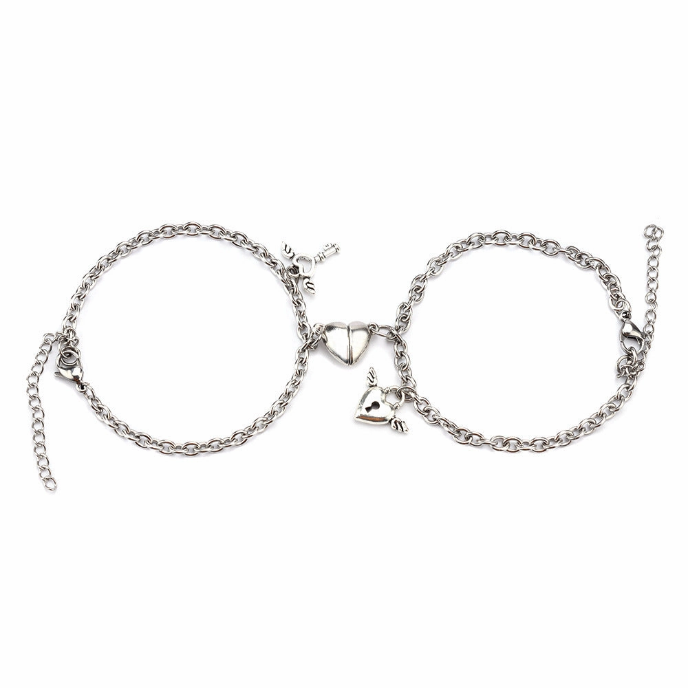 Wholesale Stainless Steel Heart Shape Magnetic Lock Key Bracelet Set