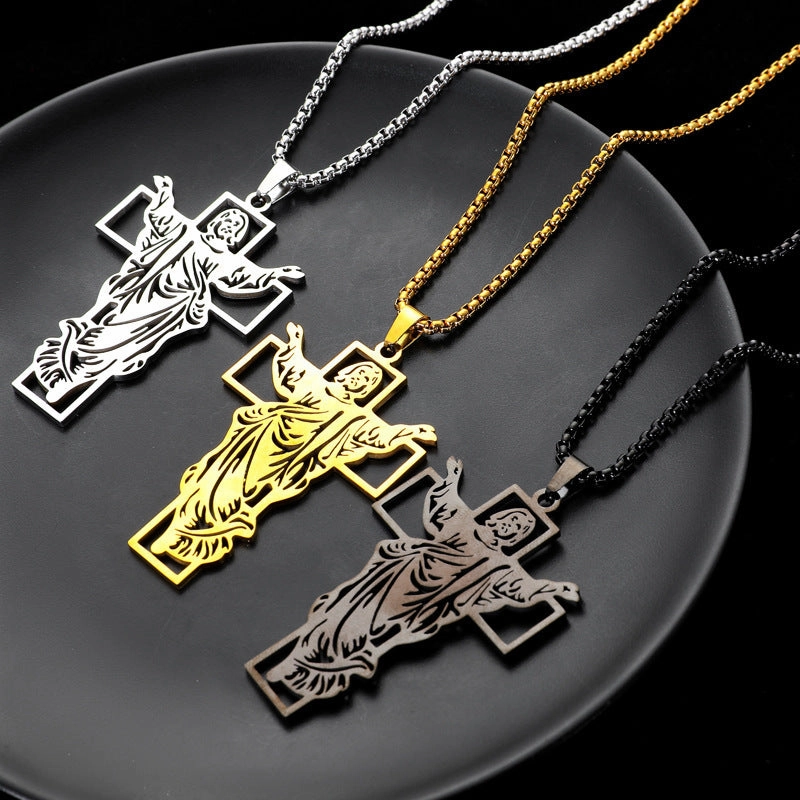 Wholesale Stainless Steel Hollow Men's Vintage Titanium Steel Cross Pendant Necklace