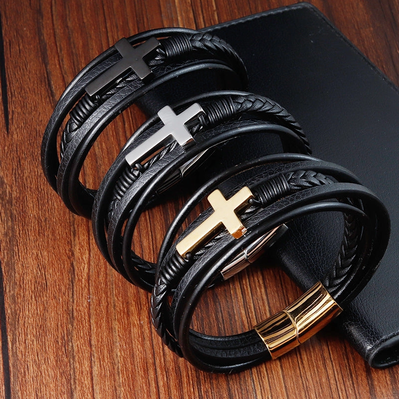 Wholesale Stainless Steel Leather Multi-layer Woven Men's Bracelets