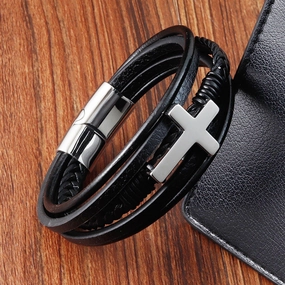 Wholesale Stainless Steel Leather Multi-layer Woven Men's Bracelets