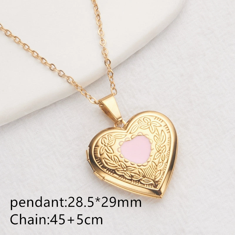 Wholesale Stainless Steel Necklace Gold Heart Pattern Frame Box Pendant O-Chain