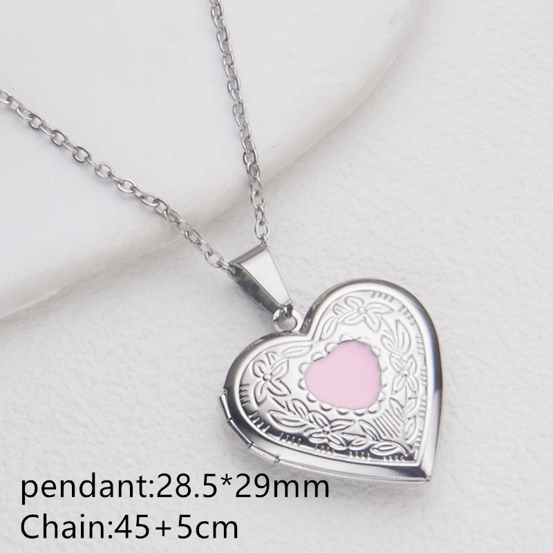 Wholesale Stainless Steel Necklace Gold Heart Pattern Frame Box Pendant O-Chain