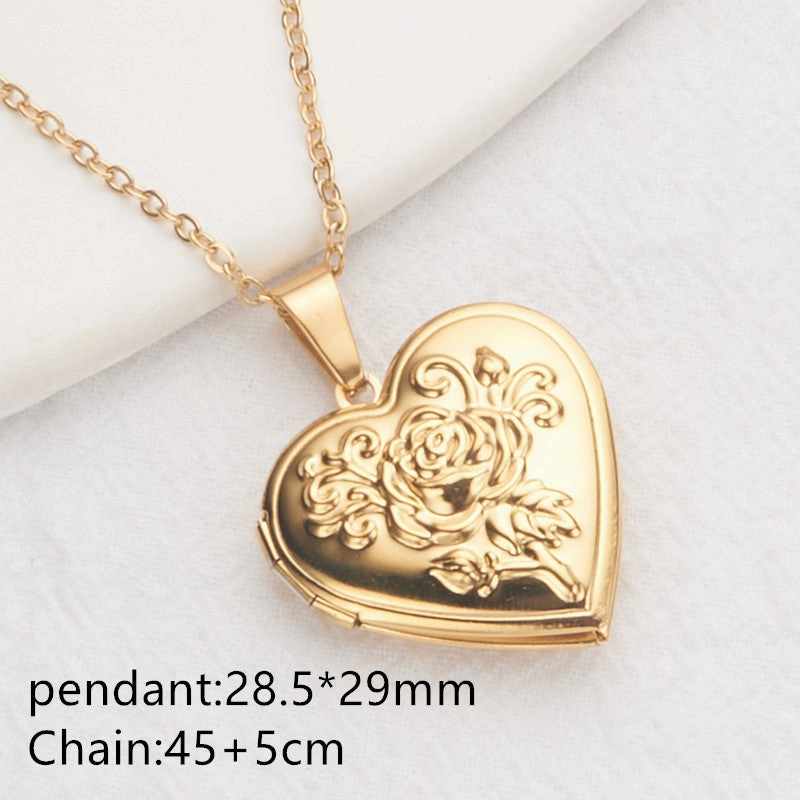 Wholesale Stainless Steel Necklace Gold Heart Pattern Frame Box Pendant O-Chain