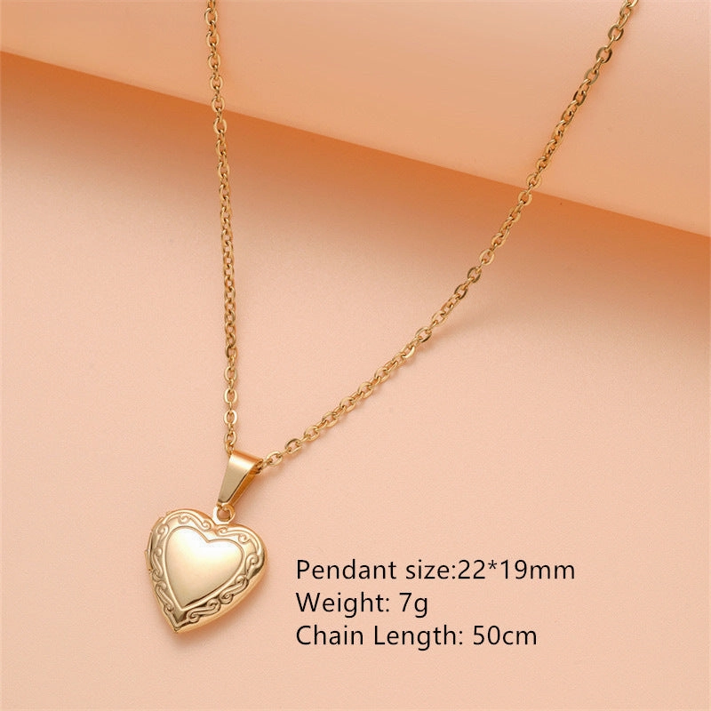 Wholesale Stainless Steel Necklace Gold Heart Pattern Frame Box Pendant O-Chain