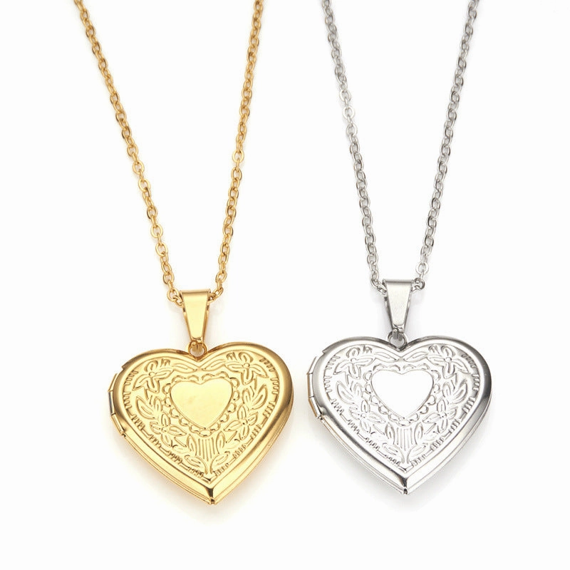Wholesale Stainless Steel Necklace Gold Heart Pattern Frame Box Pendant O-Chain