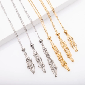 Wholesale Stainless Steel Net Pocket Natural Gemstone Crystal Accessories Bamboo Woven Adjustable Chain Pendant