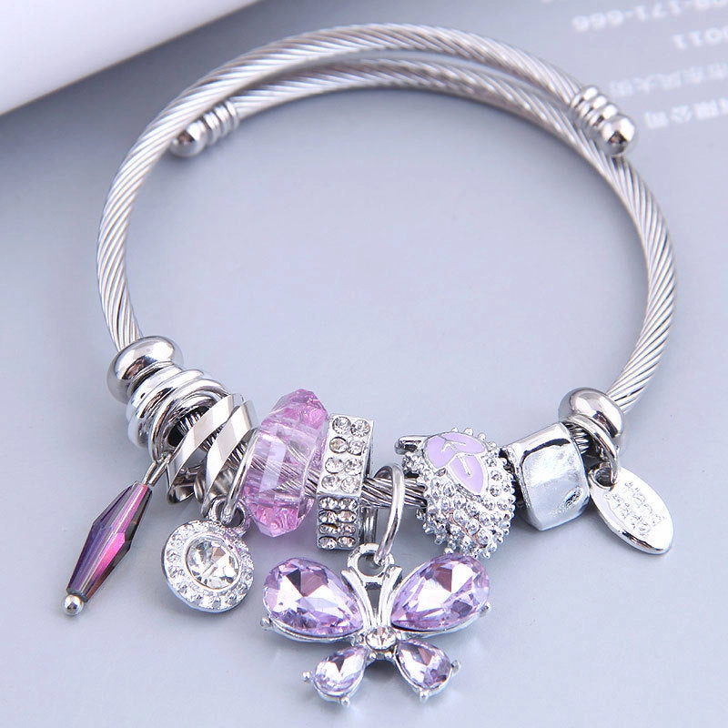 Wholesale Stainless Steel Open Butterfly Crystal Tassel Crystal Beads Beaded Bracelet