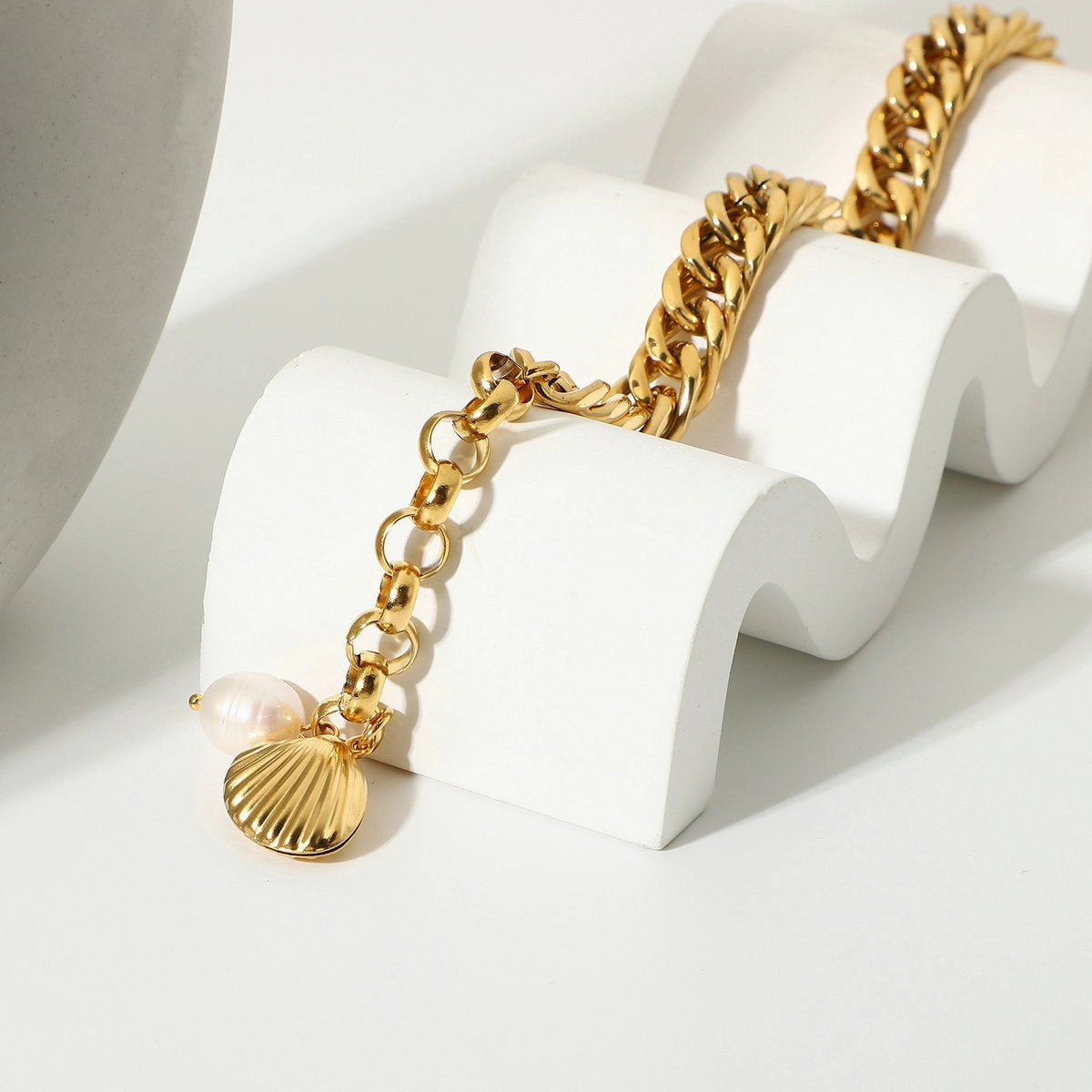 Wholesale Stainless Steel Pearl 18K Gold Plated Cuban Chain Bracelet