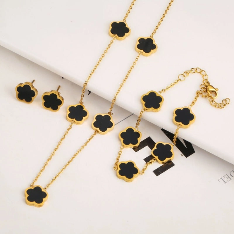 Wholesale Stainless Steel Plant Fritillaria Five Leaf Petal Bracelet Necklace Set