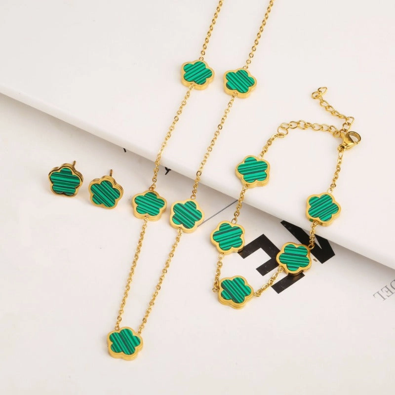 Wholesale Stainless Steel Plant Fritillaria Five Leaf Petal Bracelet Necklace Set