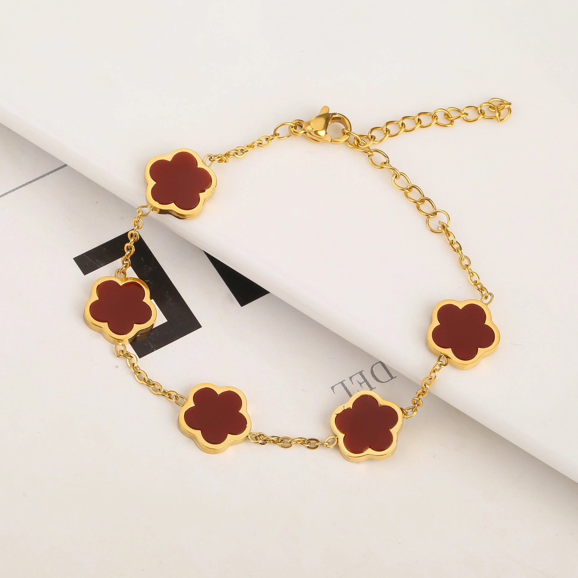 Wholesale Stainless Steel Plant Fritillaria Five Leaf Petal Bracelet Necklace Set