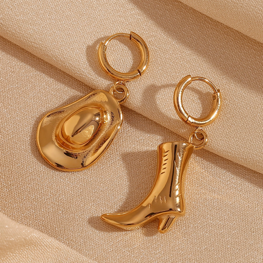 Wholesale Stainless Steel Plated 18K Gold Western Cowboy Boots Hat Earrings