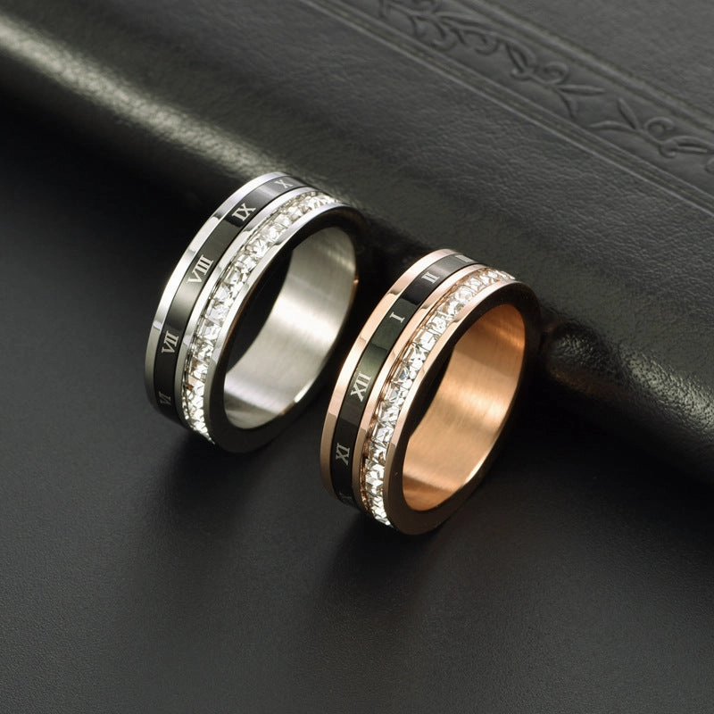 Wholesale Stainless Steel Roman Numeral Rotatable Single Row Square Diamond Ring