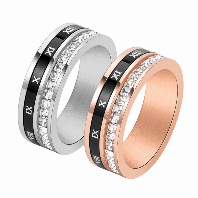 Wholesale Stainless Steel Roman Numeral Rotatable Single Row Square Diamond Ring
