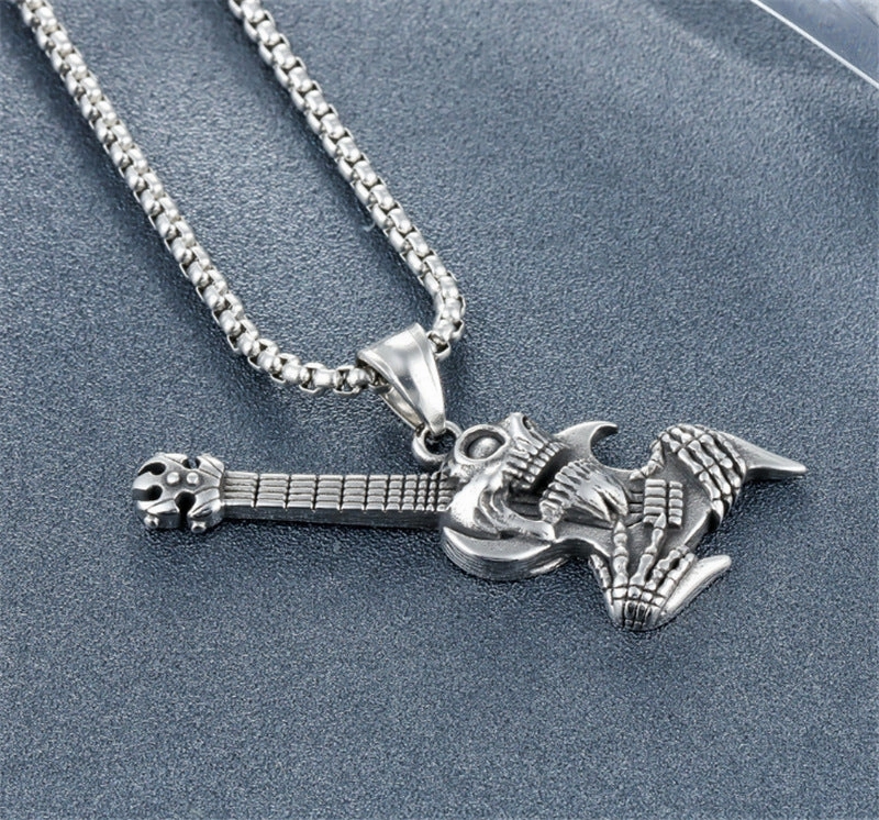 Wholesale Stainless Steel Skull Rock Guitar Pendant Necklace