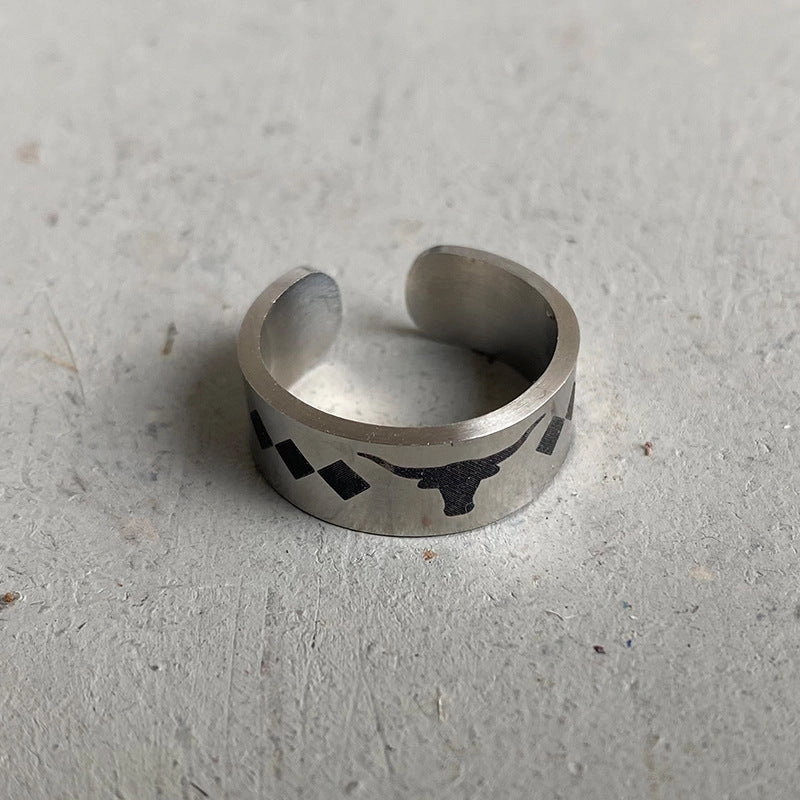 Wholesale Stainless Steel Western Aztec Engraved Bull Head Open Ring