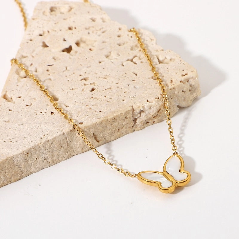 Wholesale Stainless Steel White Shell Butterfly Necklaces