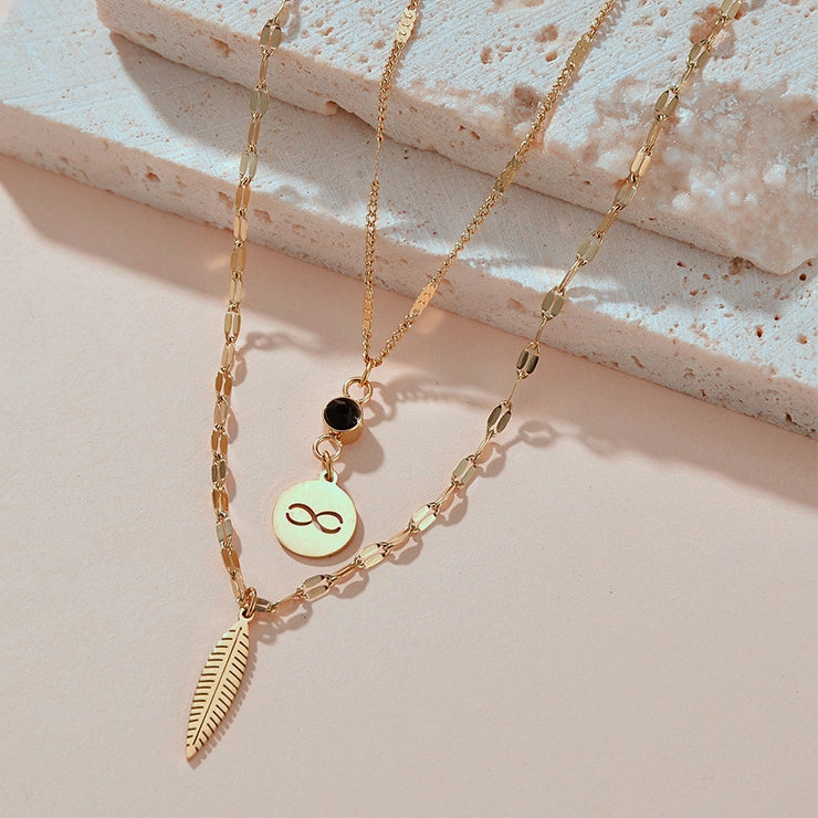 Wholesale Stainless Steel Wireless Symbol Feather Black Diamond Dual -layer Necklace