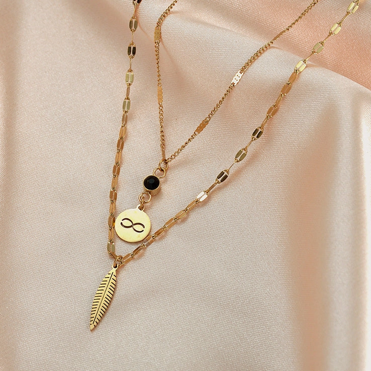 Wholesale Stainless Steel Wireless Symbol Feather Black Diamond Dual -layer Necklace